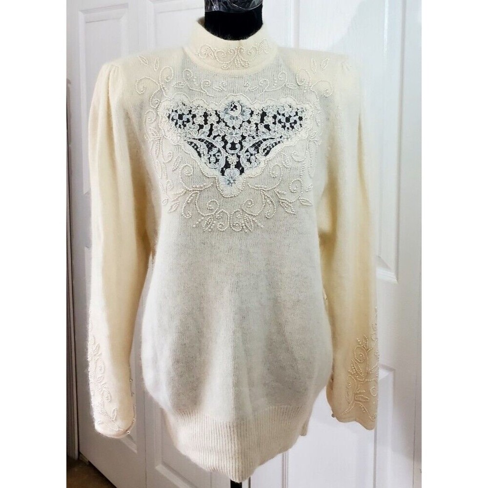 VTG SSG by Catharine Lover Ivory Lambswool Angora Sweater M Lace Beaded EUC